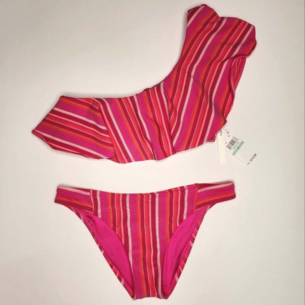 Trina Turk Marai Pink Striped One Shoulder Bikini Set Size 8 NWT